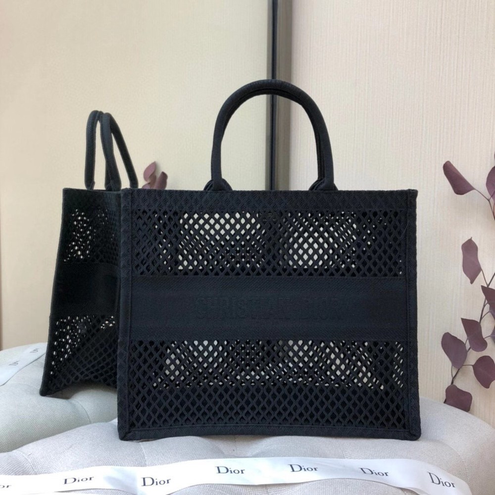 Dior Book Tote Bag In Black Mesh Embroidery TDBS2823