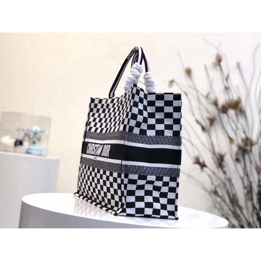 Dior Book Tote Bag In Black/White Checkered Canvas  TDBS2827