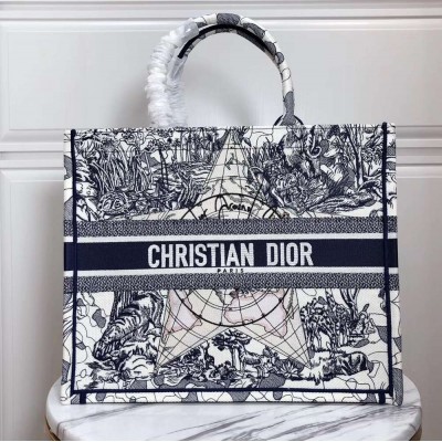 Dior Book Tote Bag In Blue Around The World Embroidered Canvas TDBS2828