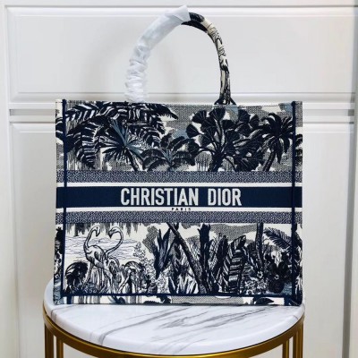 Dior Book Tote Bag In Blue Palm Tree Toile de Jouy Embroidery TDBS2835