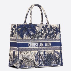 Dior Book Tote Bag In Blue Palm Tree Toile de Jouy Embroidery TDBS2835