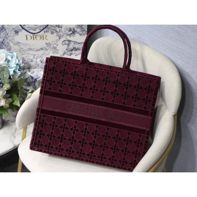 Dior Book Tote Bag In Bordeaux Cannage Embroidered Velvet TDBS2838