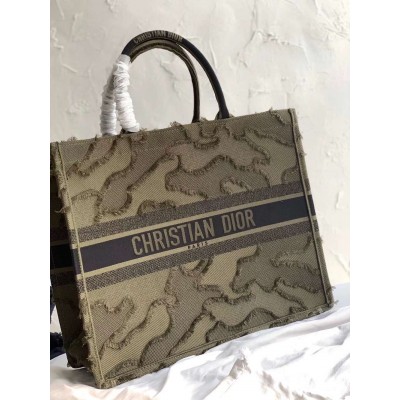 Dior Book Tote Bag In Green Camouflage Embroidered Canvas TDBS2847