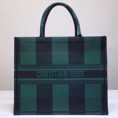 Dior Book Tote Bag In Green/Black Check Embroidered Canvas TDBS2850