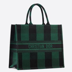 Dior Book Tote Bag In Green/Black Check Embroidered Canvas TDBS2850