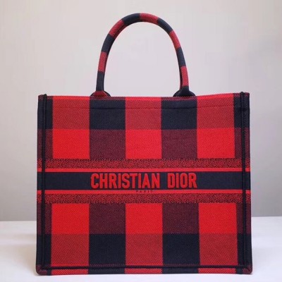 Dior Book Tote Bag In Red/Black Check Embroidered Canvas TDBS2866