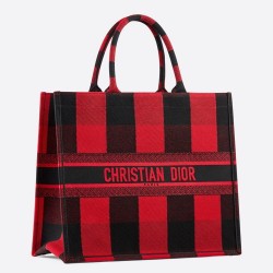 Dior Book Tote Bag In Red/Black Check Embroidered Canvas TDBS2866