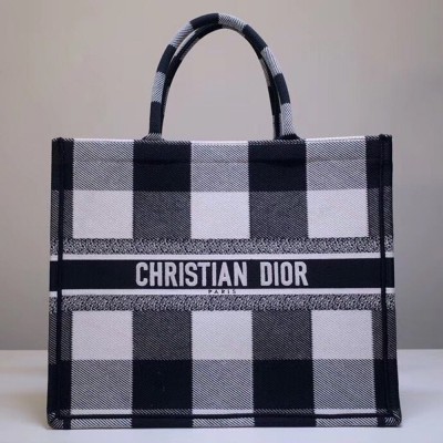 Dior Book Tote Bag In White/Black Check Embroidered Canvas TDBS2868