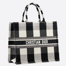 Dior Book Tote Bag In White/Black Check Embroidered Canvas TDBS2868