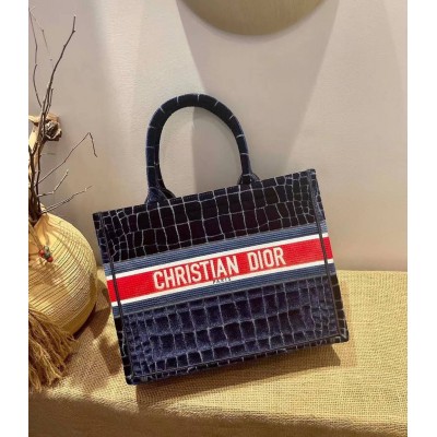 Dior Book Tote In Blue Crocodile-Effect Embroidered Velvet TDBS2873