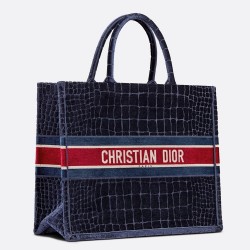 Dior Book Tote In Blue Crocodile-Effect Embroidered Velvet TDBS2873