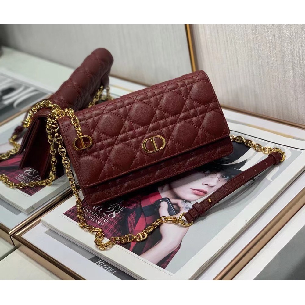 Dior Caro Belt Pouch with Chain In Bordeaux Calfskin TDBS25379