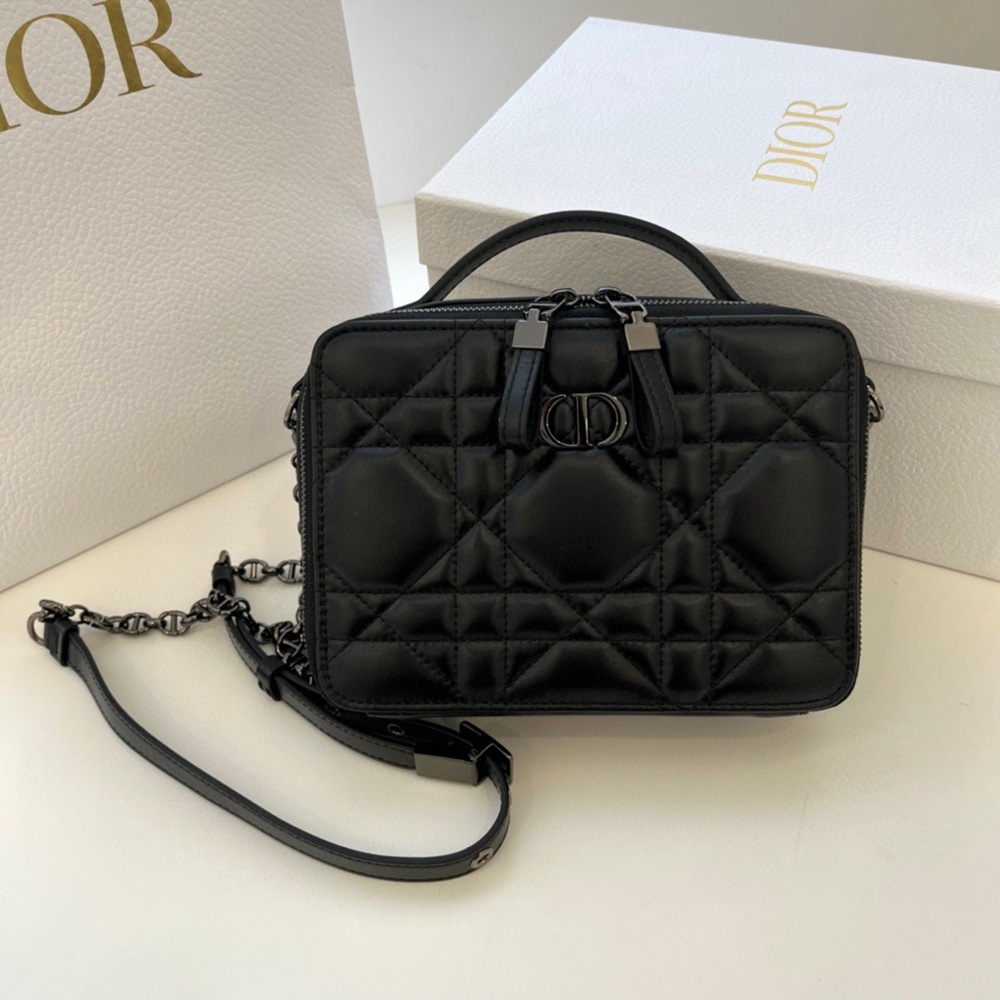 Dior Caro Box Bag with Chain in Black Macrocannage Calfskin TDBS25013