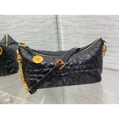 Dior Diorstar Hobo Bag with Chain in Black Crinkled Calfskin TDBS25056