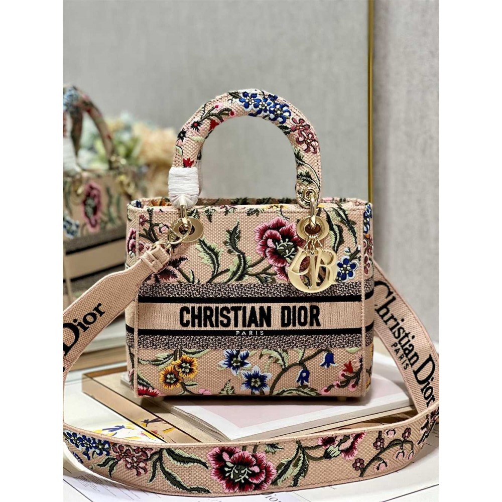 Dior Lady D-Lite Medium Bag In Beige Raffia Embroidered with Dior Petites Fleurs TDBS25115