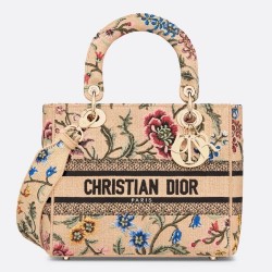 Dior Lady D-Lite Medium Bag In Beige Raffia Embroidered with Dior Petites Fleurs TDBS25115