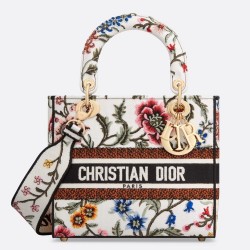 Dior Lady D-Lite Medium Bag In White Dior Petites Fleurs Embroidery TDBS25120