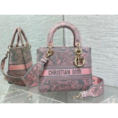 Dior Lady D-Lite Medium Bag in Grey and Pink Toile de Jouy Reverse Embroidery TDBS25118