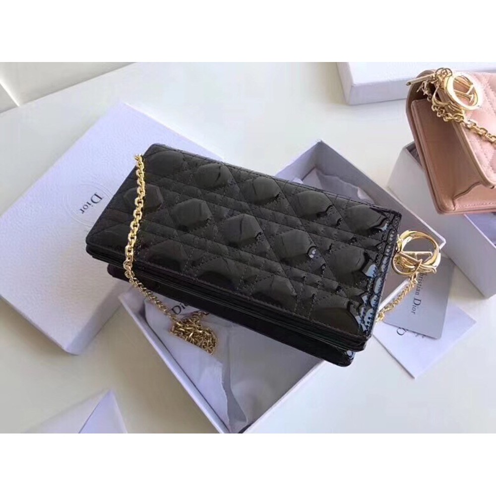 Dior Lady Dior Clutch With Chain In Black Patent TDBS25181