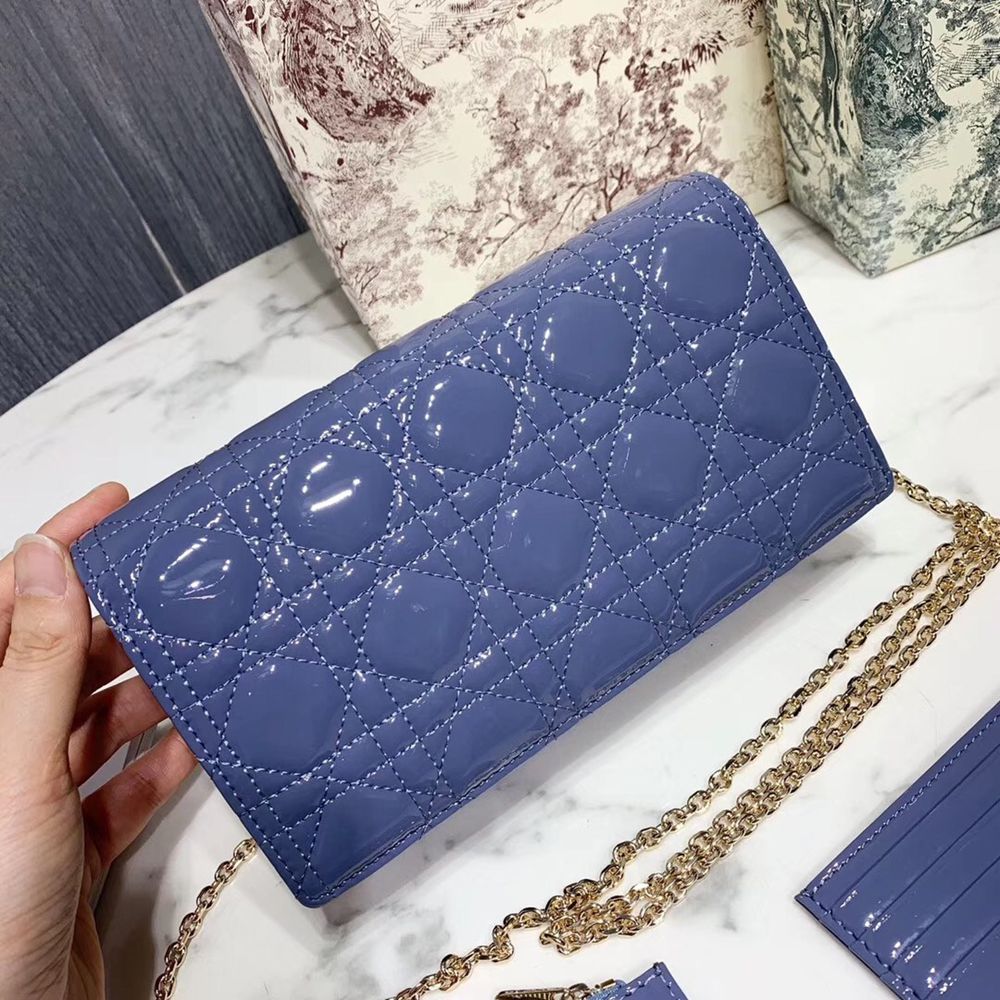 Dior Lady Dior Clutch With Chain In Denim Blue Patent TDBS25183