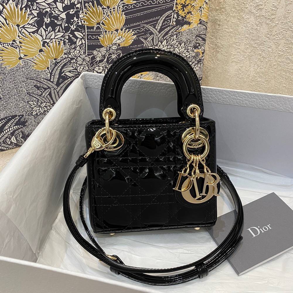 Dior Lady Dior Micro Bag In Black Patent Cannage Calfskin TDBS25193