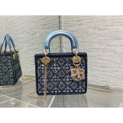 Dior Lady Dior Mini Chain Bag in Satin with Blue Bead Embroidery TDBS25200