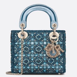 Dior Lady Dior Mini Chain Bag in Satin with Blue Bead Embroidery TDBS25200