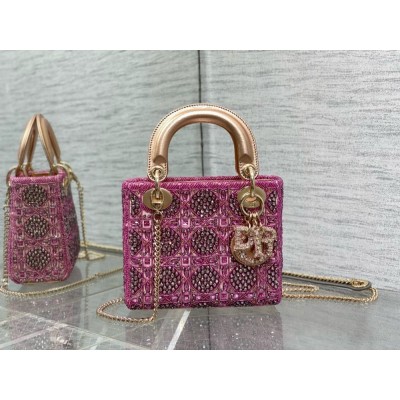 Dior Lady Dior Mini Chain Bag in Satin with Pink Resin Pearl Embroidery TDBS25201