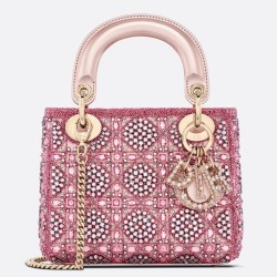 Dior Lady Dior Mini Chain Bag in Satin with Pink Resin Pearl Embroidery TDBS25201