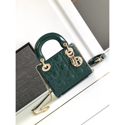 Dior Lady Dior Mini Chain Bag with Chain in Green Patent Calfskin TDBS25204