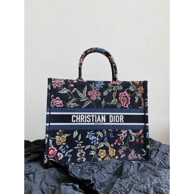 Dior Large Book Tote Bag In Black Dior Petites Fleurs Embroidery TDBS2879