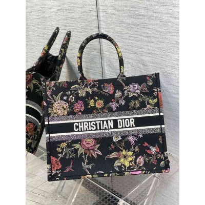 Dior Large Book Tote Bag In Black Multicolor Jardin Botanique Embroidery TDBS2880