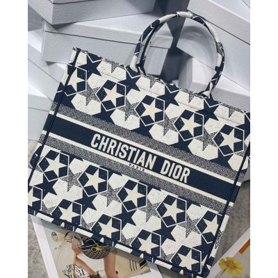 Dior Large Book Tote Bag In Blue and White Dior Etoile Embroidery TDBS2881