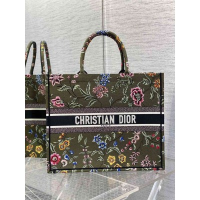 Dior Large Book Tote Bag In Green Dior Petites Fleurs Embroidery TDBS2888