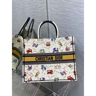 Dior Large Book Tote Bag In White Pixel Zodiac Embroidery TDBS2895