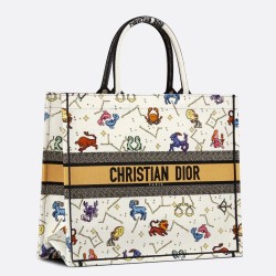 Dior Large Book Tote Bag In White Pixel Zodiac Embroidery TDBS2895