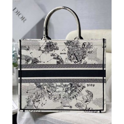 Dior Large Book Tote Bag In White Toile de Jouy Zodiac Embroidery TDBS2898