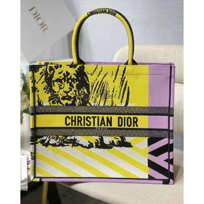 Dior Large Book Tote Bag In Yellow D-Jungle Pop Embroidery TDBS2899