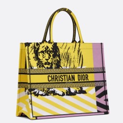 Dior Large Book Tote Bag In Yellow D-Jungle Pop Embroidery TDBS2899