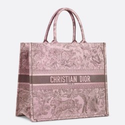 Dior Large Book Tote Bag in Pink and Gray Toile de Jouy Sauvage Embroidery TDBS2889