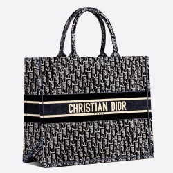 Dior Large Book Tote In Blue Oblique Embroidered Velvet TDBS2903