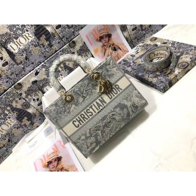 Dior Large Lady D-Lite Bag In Gray Toile de Jouy Reverse Embroidery TDBS25123