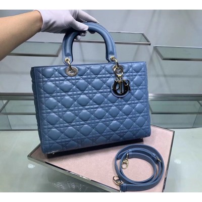 Dior Large Lady Dior Bag In Denim Blue Cannage Lambskin TDBS25224