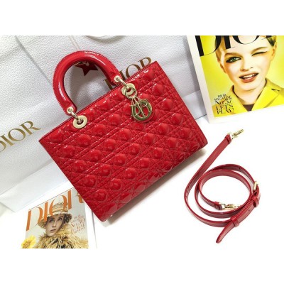 Dior Large Lady Dior Bag In Red Patent Cannage Calfskin TDBS25230