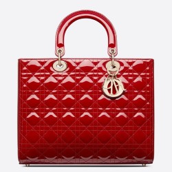 Dior Large Lady Dior Bag In Red Patent Cannage Calfskin TDBS25230