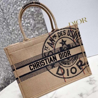 Dior Medium Book Tote Bag In Beige Jute Canvas with Dior Union Motif TDBS2911