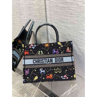 Dior Medium Book Tote Bag In Black Pixel Zodiac Embroidery TDBS2914