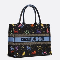 Dior Medium Book Tote Bag In Black Pixel Zodiac Embroidery TDBS2914