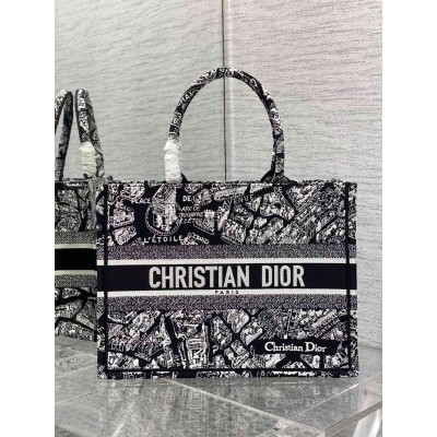 Dior Medium Book Tote Bag In Black Plan de Paris Embroidery  TDBS2915