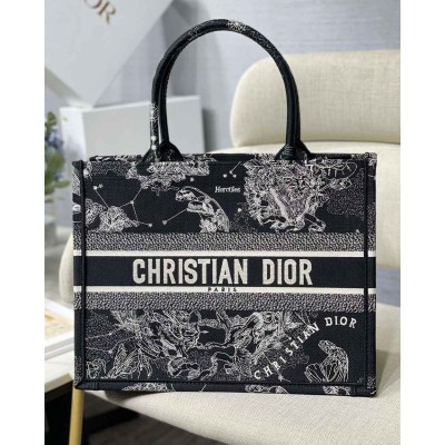 Dior Medium Book Tote Bag In Black Toile de Jouy Zodiac Embroidery TDBS2917